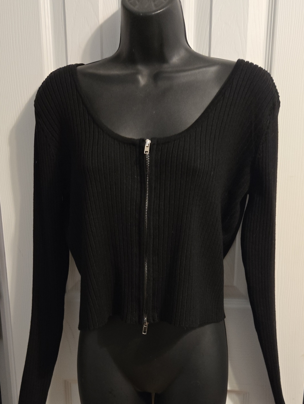 Black Zip-Front Ribbed Cardigan Sweater